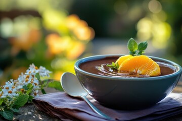 Delicious chocolate pudding with sliced oranges and fresh mint garnish