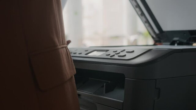 Close up shot of hands of unrecognizable businesswoman retrieving scanned document from office printer during workday