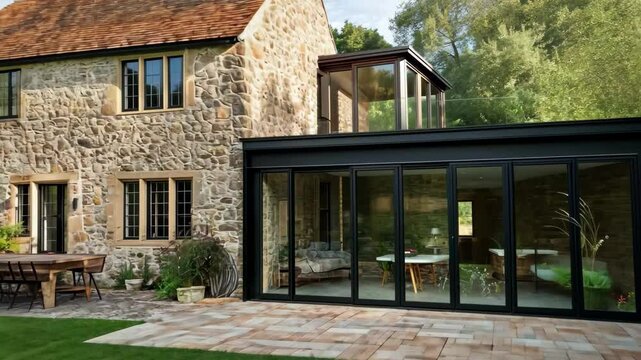 Traditional English cottage features modern extension in serene countryside setting, Exterior view of a traditional English cottage with contemporary built extension