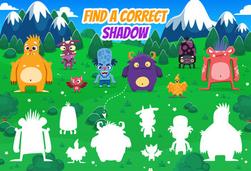 Find a correct shadow of funny monster characters, kids game worksheet. Vector logical children activity, riddle for mind development, featuring quirky and adorable creatures in a outdoor landscape