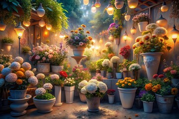 Fototapeta premium Enchanting White Flower Pots A Surreal Floral Display in a Dreamlike Florist Shop