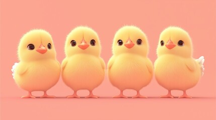 Fototapeta premium illustration of a cute gang of four chicks are playing standing proudly on a pastel coral background, simple and adorable ,fluffy