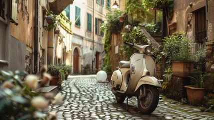 Sierkussen Scooter Vintage scooter in ancient european alley, showcasing retro design amid medieval architecture  © decorator