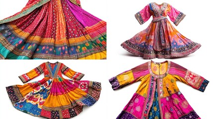Colorful patchwork dresses, vibrant ethnic clothing, detailed textile patterns.