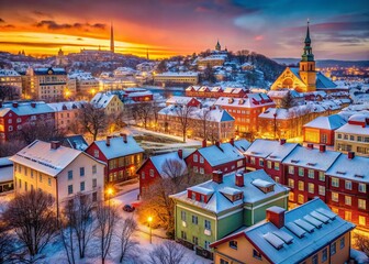 Naklejka premium Enchanting Surreal Winter Wonderland A Stunning Panorama of Gothenburgs Haga District