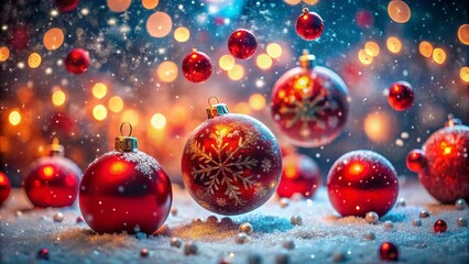 Enchanted Winter Wonderland Surreal Scene with Red Ornaments and Sparkling Snowflakes