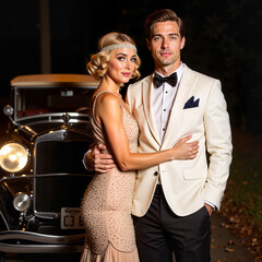 Elegant couple embracing in vintage attire against classic car  