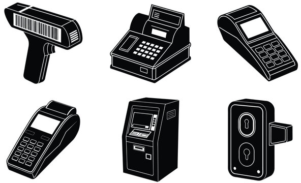 POS Payment Terminal Icons Set &ndash; Barcode Scanner, Cash Register, ATM, and Card Readers