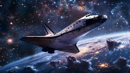 Fototapeta premium A stunning space shuttle gliding through the infinite cosmos surrounded by stars and galaxies