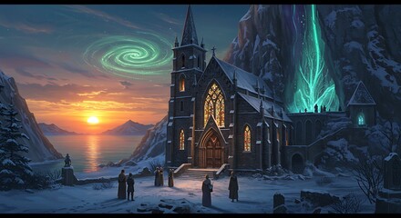 Obraz premium Winter Sunset at the Mountaintop Cathedral