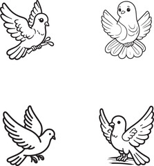 Cartoon Dove Silhouettes – Whimsical Black and White Vector Art