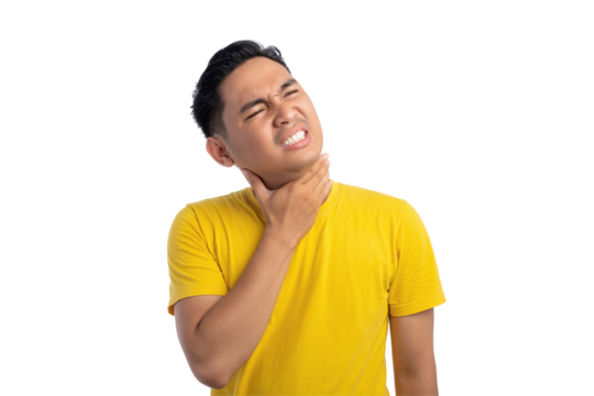 Unhealthy young Asian man suffering from sore throat and touching his neck isolated on transparent background