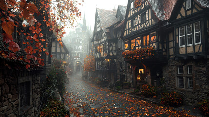 A picturesque autumnal street scene in a charming European village features historic half-timbered houses draped in vibrant fall foliage under a misty sky.