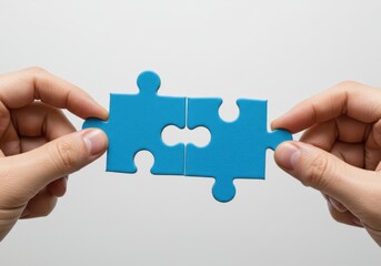 Hands holding blue puzzle pieces against white background for teamwork and collaboration concept
