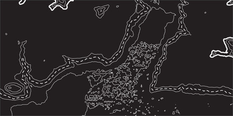 Abstract Topography Design with Seamless Lines and Geometric Grids, Illustrating Sea Map and Mounted Landscape Area with Technology-Inspired Details on a Dark Black Background © Imran