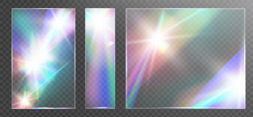Transparent glass overlays with rainbow glare, prism effect, and glowing light reflections.