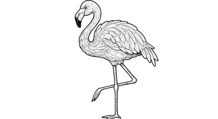 Fototapeta premium Flamingo Bird Drawing Line Art Balanced On Single Leg Featuring Iconic Elegant Curved Neck Tropical Wildlife Graphic