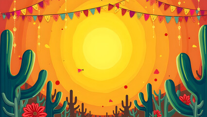 Desert Fiesta Background with Cactus, Colorful Bunting, Sombrero Cinco de Mayo, Mexican Party Invitation, Western Poster Template, Festival Event or Greeting Card Design