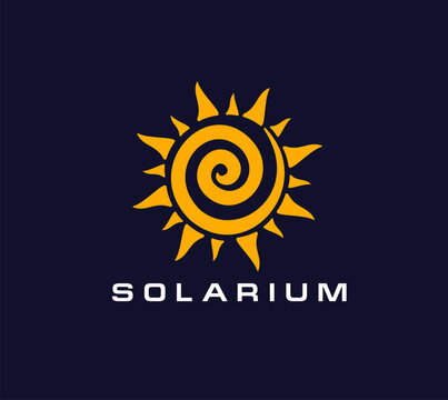 Solarium icon for tanning salon, summer beach sun symbol for SPA, vector emblem. Solarium icon of spiral sun for beauty and skincare cosmetics brand or tanning studio sign and summer hotel resort