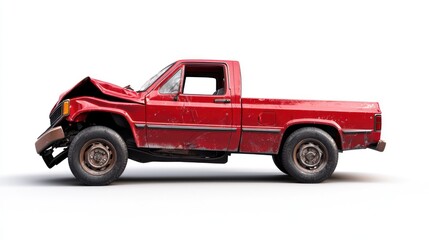 Damaged Red Pickup Truck with a Crumpled Hood on a White Background for Automotive Concept