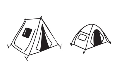 Set of two camping tents in doodle style.