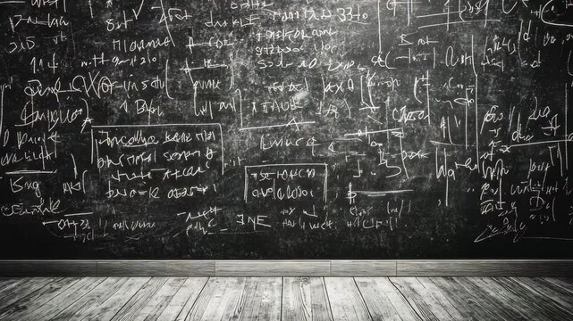 Mathematical formulas written on a blackboard in a classroom setting, Blackboard of mathematical formulas