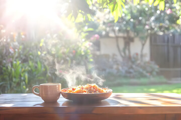 Enjoy Steaming Rice, Drink Outdoors, Sunny
