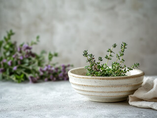 A small bowl of fresh thyme sits on a textured gray surface next to a blurred bouquet of purple flowers creating a tranquil and calming culinary scene perfect for recipe blogs or