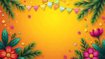 Desert Fiesta Background with Cactus, Colorful Bunting, Sombrero Cinco de Mayo, Mexican Party Invitation, Western Poster Template, Festival Event or Greeting Card Design