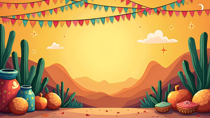 Desert Fiesta Background with Cactus, Colorful Bunting, Sombrero Cinco de Mayo, Mexican Party Invitation, Western Poster Template, Festival Event or Greeting Card Design