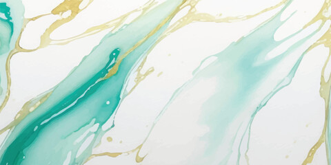 Soft Aquamarine Green Watercolor with Fluid Marbled Texture and Delicate Golden Lines, Creating an Elegant and Dreamlike Abstract Banner Illustration

