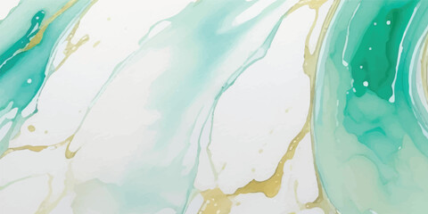Soft Aquamarine Green Watercolor with Fluid Marbled Texture and Delicate Golden Lines, Creating an Elegant and Dreamlike Abstract Banner Illustration

