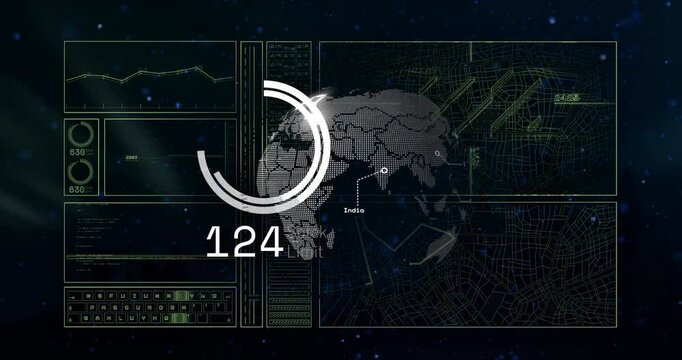 Animation of digital interface with world map, data graphs, number 124 highlighted