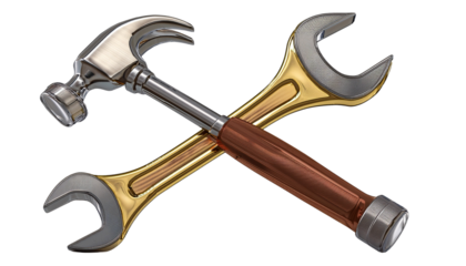 Concept of Labour Day, crossed hammer and wrench symbol, 3D render, isolated on transparent background.