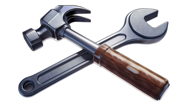 Concept of Labour Day, crossed hammer and wrench symbol, 3D render, isolated on transparent background - Powered by Adobe
