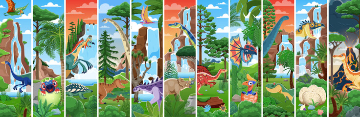 Prehistoric dinosaur characters collage. Cartoon vector Jurassic era scenes of dino world featuring ancient reptile animal species in lush jungle landscape with waterfalls, volcanoes and exotic plants © Vector Tradition