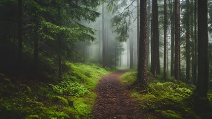 Obraz premium Misty Path Through the Evergreen Forest: A serene woodland scene, a winding path beckons through a mystical forest cloaked in soft, ethereal mist.