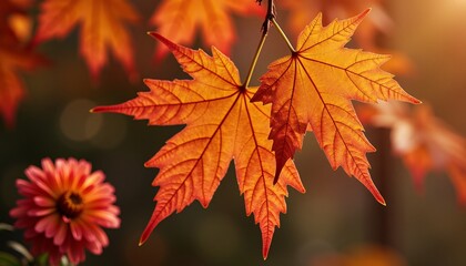 Autumn maple leaves with late blooming chrysanthemums, warm earthy tones.