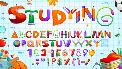 Cartoon education font, school kid typeface, creative typography type, funny English alphabet. Vector educational abc showcases letters created from school supplies, promoting fun learning for kids © Vector Tradition