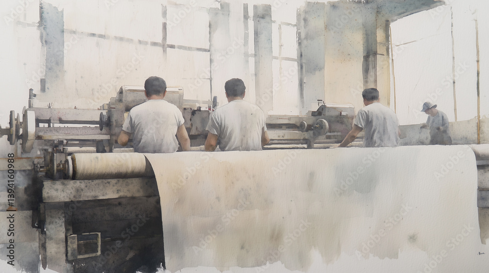Aufkleber group of workers in textile factory operate machinery, focusing on fabric production. industrial setting is filled with natural light from large windows, creating busy atmosphere