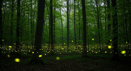 Fireflies Glow in Dark Forest Magical Night Scene with Trees