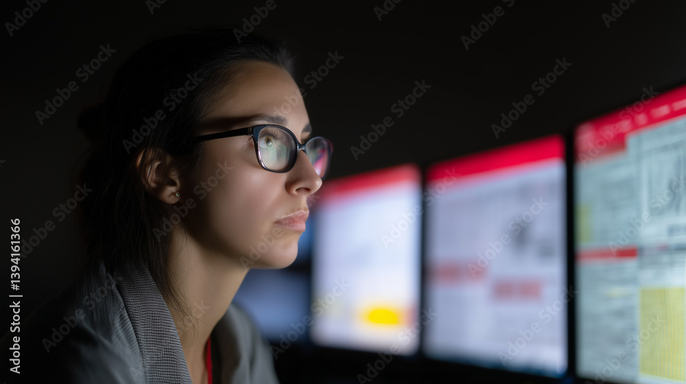 Poster woman wearing glasses is focused on analyzing data displayed on multiple computer monitors in dimly lit room. screens show various charts and graphs, indicating data driven environment
