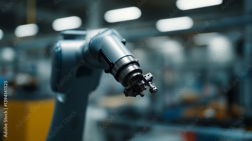 Aufkleber robotic arm with detailed mechanical gripper is shown in factory setting, highlighting its precision and advanced technology. background is blurred, emphasizing arm focus