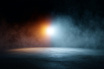 dramatic scene with glowing spotlight illuminates misty, textured floor, creating cinematic atmosphere. contrasting warm and cool tones evoke sense of mystery and tension