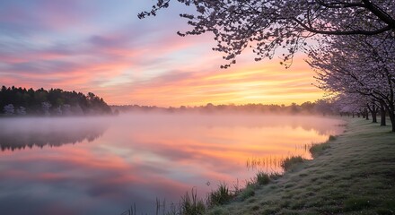 Fototapeta premium Reflecting Lake with Early Morning Mist and Blossoming Trees Landscape