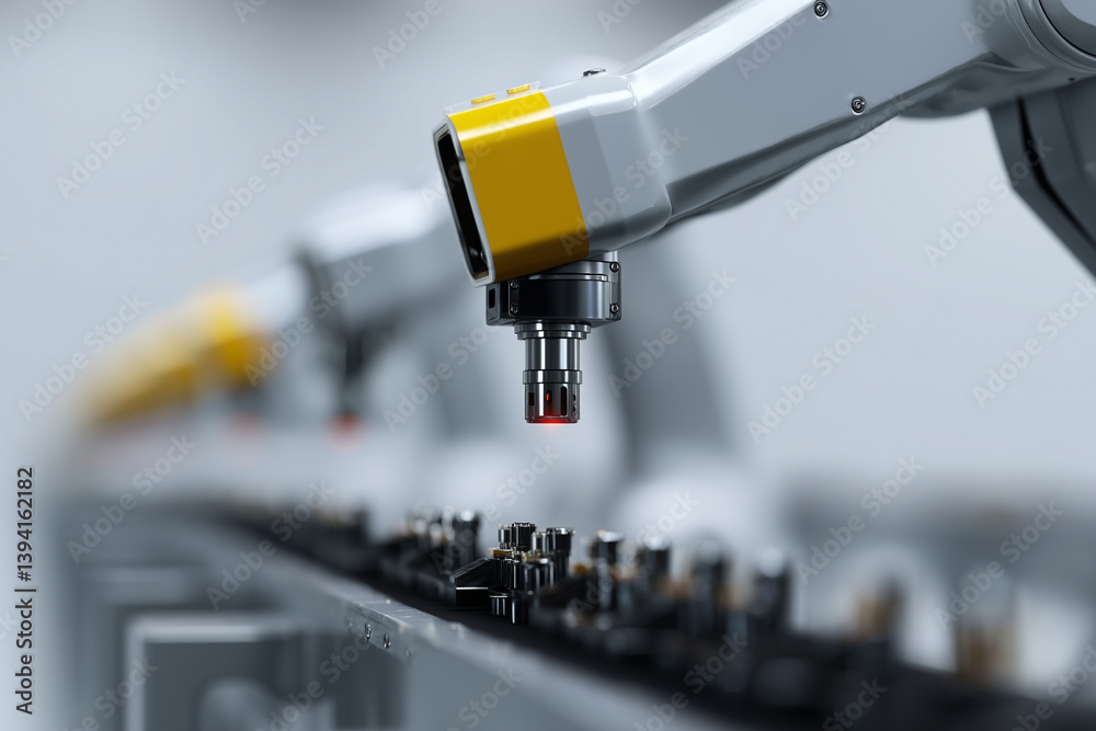 Poster row of robotic arms working on assembly line in factory setting, showcasing advanced automation technology. focus is on precision and efficiency in manufacturing