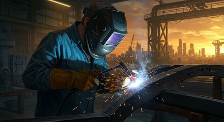 Fototapeta premium Urban Welding: A Sunset Silhouette of a Welder at Work