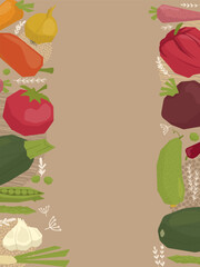 Obraz premium Vector illustration of a colorful assortment of vegetables forming a border on a brown background. Various veggies, including carrots, peppers, and tomatoes, create a vibrant frame.