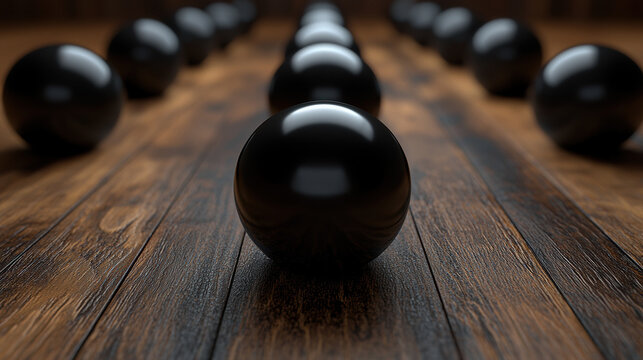 A series of perfectly aligned glossy black spheres rest on a rich dark brown wooden surface creating a compelling visual pattern and texture.