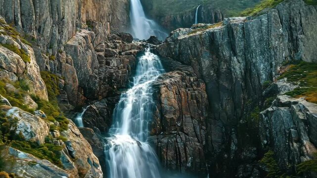 Majestic waterfall cascades from high cliffs in Mount Ow area during morning light, Amazing waterfall falls from high cliff of mount Owen Tasmania nature